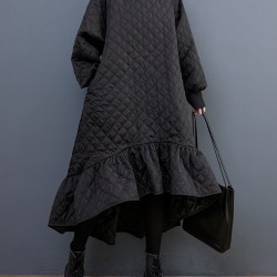 Casual Long Sleeves A-Line Rhombic Falbala High-Neck Midi Dresses