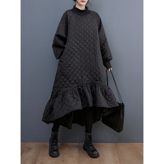 Casual Long Sleeves A-Line Rhombic Falbala High-Neck Midi Dresses Casual Long Sleeves A-Line Rhombic Falbala High-Neck Midi Dresses