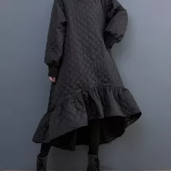 Casual Long Sleeves A-Line Rhombic Falbala High-Neck Midi Dresses