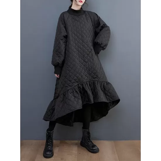 Casual Long Sleeves A-Line Rhombic Falbala High-Neck Midi Dresses Casual Long Sleeves A-Line Rhombic Falbala High-Neck Midi Dresses