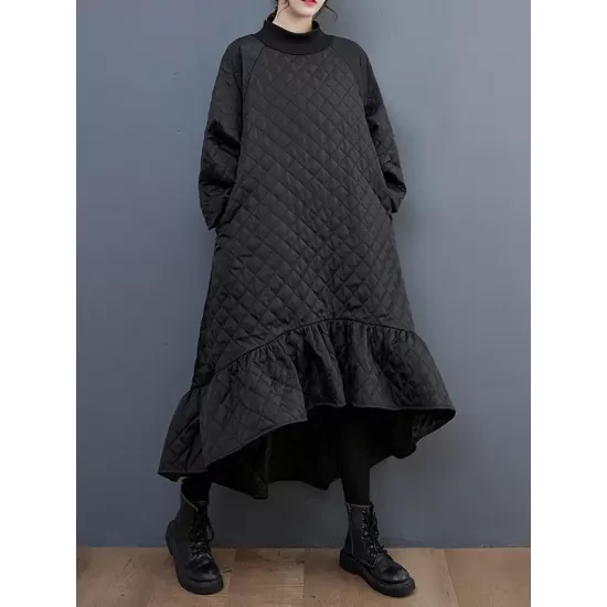 Casual Long Sleeves A-Line Rhombic Falbala High-Neck Midi Dresses Casual Long Sleeves A-Line Rhombic Falbala High-Neck Midi Dresses