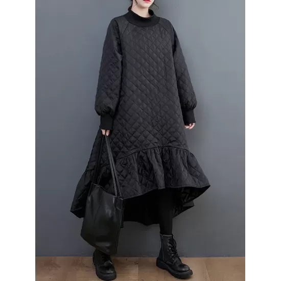 Casual Long Sleeves A-Line Rhombic Falbala High-Neck Midi Dresses Casual Long Sleeves A-Line Rhombic Falbala High-Neck Midi Dresses