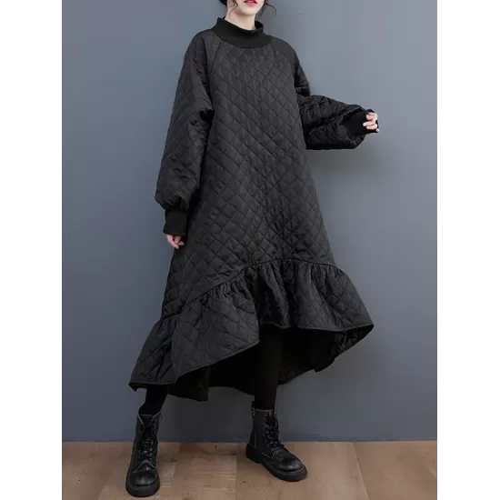 Casual Long Sleeves A-Line Rhombic Falbala High-Neck Midi Dresses Casual Long Sleeves A-Line Rhombic Falbala High-Neck Midi Dresses