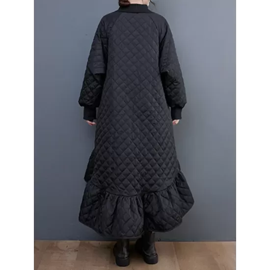 Casual Long Sleeves A-Line Rhombic Falbala High-Neck Midi Dresses Casual Long Sleeves A-Line Rhombic Falbala High-Neck Midi Dresses
