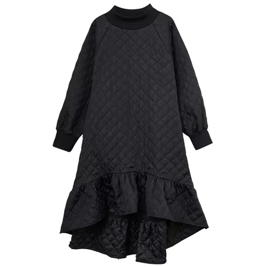 Casual Long Sleeves A-Line Rhombic Falbala High-Neck Midi Dresses Casual Long Sleeves A-Line Rhombic Falbala High-Neck Midi Dresses