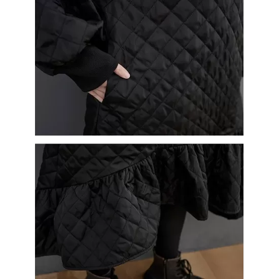 Casual Long Sleeves A-Line Rhombic Falbala High-Neck Midi Dresses Casual Long Sleeves A-Line Rhombic Falbala High-Neck Midi Dresses