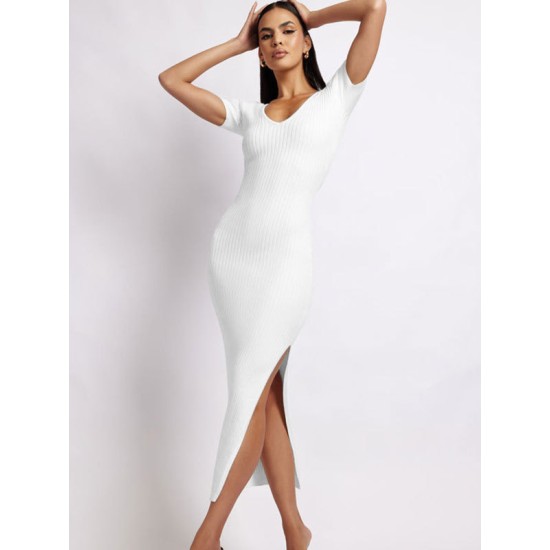 Simple Short Sleeves Skinny Solid Color V-Neck Midi Dresses Simple Short Sleeves Skinny Solid Color V-Neck Midi Dresses