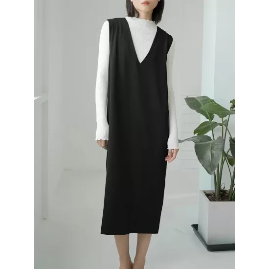 Casual A-Line Sleeveless Solid Color V-Neck Midi Dresses Casual A-Line Sleeveless Solid Color V-Neck Midi Dresses