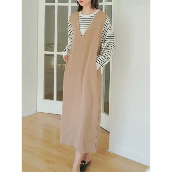 Casual A-Line Sleeveless Solid Color V-Neck Midi Dresses Casual A-Line Sleeveless Solid Color V-Neck Midi Dresses