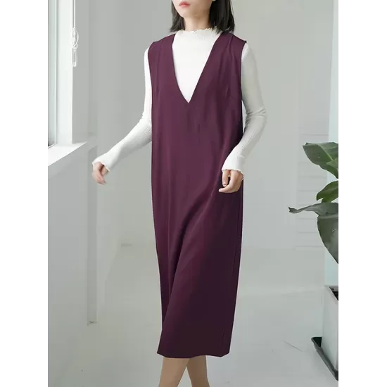 Casual A-Line Sleeveless Solid Color V-Neck Midi Dresses Casual A-Line Sleeveless Solid Color V-Neck Midi Dresses