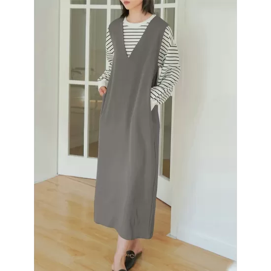 Casual A-Line Sleeveless Solid Color V-Neck Midi Dresses Casual A-Line Sleeveless Solid Color V-Neck Midi Dresses