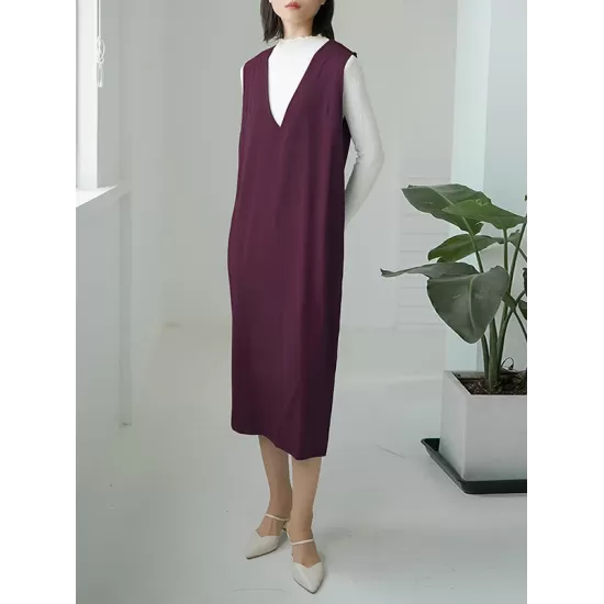 Casual A-Line Sleeveless Solid Color V-Neck Midi Dresses Casual A-Line Sleeveless Solid Color V-Neck Midi Dresses