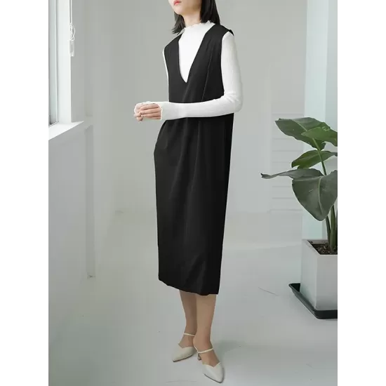 Casual A-Line Sleeveless Solid Color V-Neck Midi Dresses Casual A-Line Sleeveless Solid Color V-Neck Midi Dresses