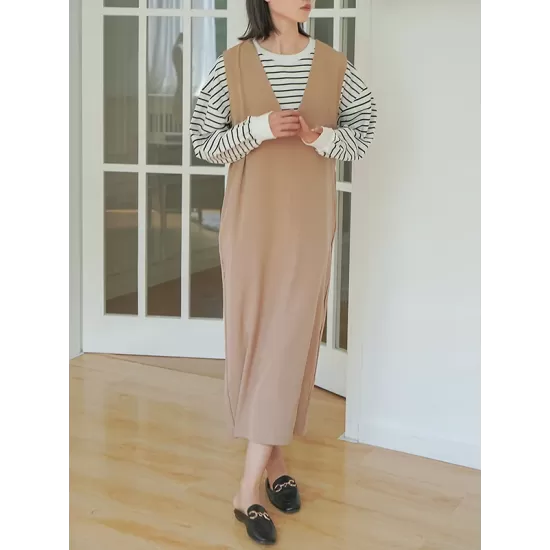 Casual A-Line Sleeveless Solid Color V-Neck Midi Dresses Casual A-Line Sleeveless Solid Color V-Neck Midi Dresses