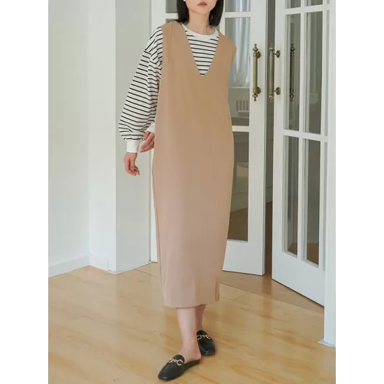Casual A-Line Sleeveless Solid Color V-Neck Midi Dresses Casual A-Line Sleeveless Solid Color V-Neck Midi Dresses