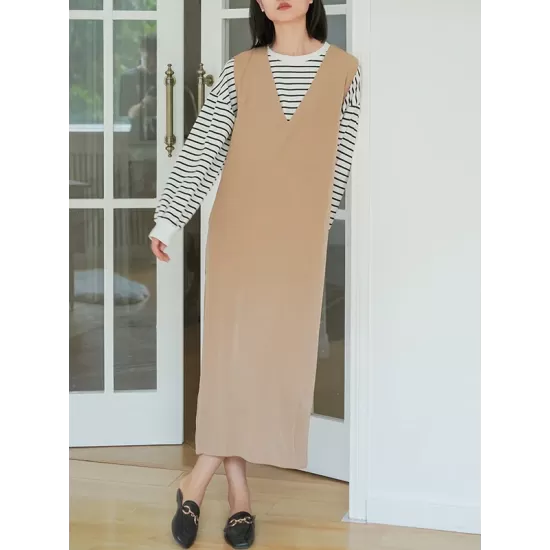 Casual A-Line Sleeveless Solid Color V-Neck Midi Dresses Casual A-Line Sleeveless Solid Color V-Neck Midi Dresses