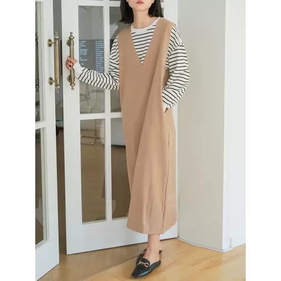 Casual A-Line Sleeveless Solid Color V-Neck Midi Dresses Casual A-Line Sleeveless Solid Color V-Neck Midi Dresses