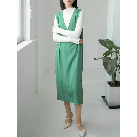 Casual A-Line Sleeveless Solid Color V-Neck Midi Dresses Casual A-Line Sleeveless Solid Color V-Neck Midi Dresses
