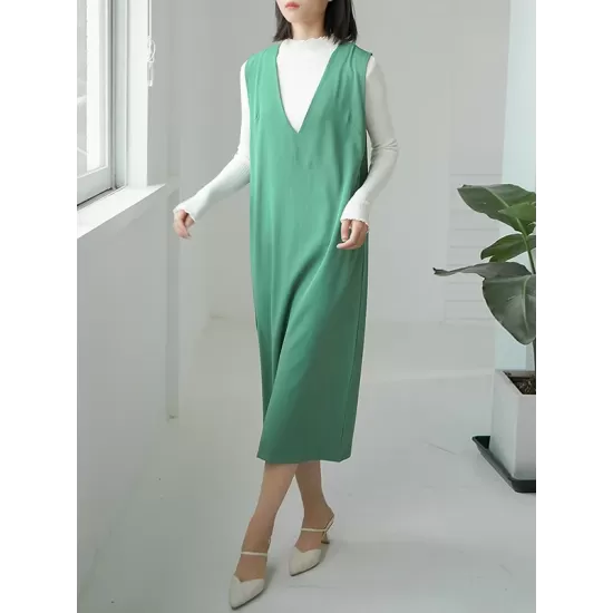 Casual A-Line Sleeveless Solid Color V-Neck Midi Dresses Casual A-Line Sleeveless Solid Color V-Neck Midi Dresses