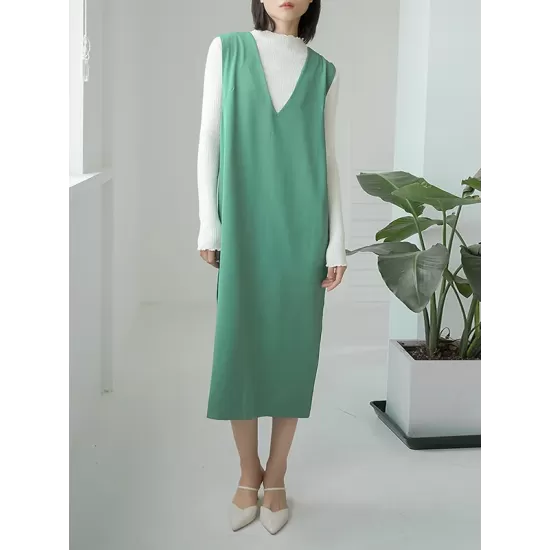 Casual A-Line Sleeveless Solid Color V-Neck Midi Dresses Casual A-Line Sleeveless Solid Color V-Neck Midi Dresses