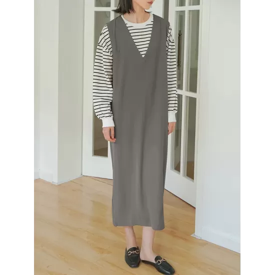 Casual A-Line Sleeveless Solid Color V-Neck Midi Dresses Casual A-Line Sleeveless Solid Color V-Neck Midi Dresses