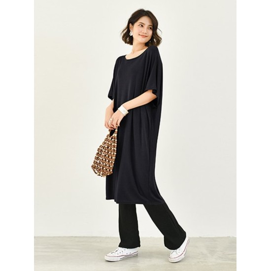 Casual Batwing Half Sleeves Solid Color Round-Neck Midi Dresses Casual Batwing Half Sleeves Solid Color Round-Neck Midi Dresses