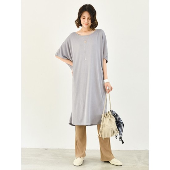 Casual Batwing Half Sleeves Solid Color Round-Neck Midi Dresses Casual Batwing Half Sleeves Solid Color Round-Neck Midi Dresses