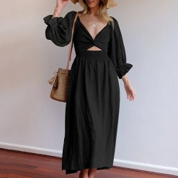 Original A-Line Loose Hollow Solid Color V-Neck Midi Dresses