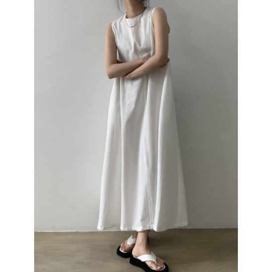 Loose Sleeveless Solid Color Round-Neck Midi Dresses Loose Sleeveless Solid Color Round-Neck Midi Dresses