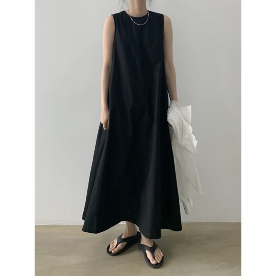Loose Sleeveless Solid Color Round-Neck Midi Dresses Loose Sleeveless Solid Color Round-Neck Midi Dresses