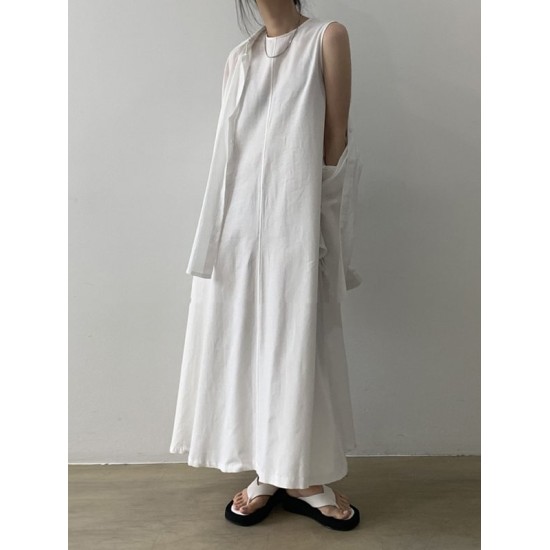 Loose Sleeveless Solid Color Round-Neck Midi Dresses Loose Sleeveless Solid Color Round-Neck Midi Dresses