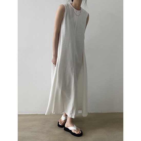 Loose Sleeveless Solid Color Round-Neck Midi Dresses Loose Sleeveless Solid Color Round-Neck Midi Dresses