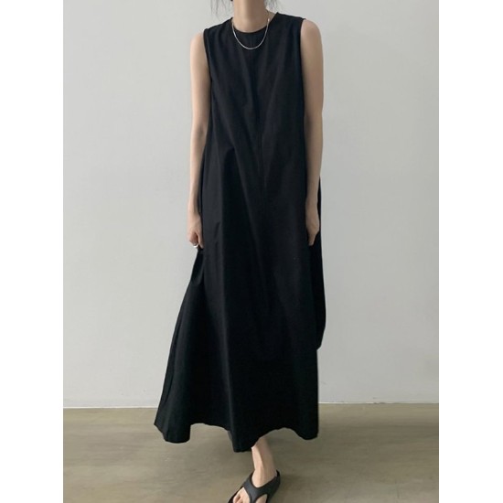 Loose Sleeveless Solid Color Round-Neck Midi Dresses Loose Sleeveless Solid Color Round-Neck Midi Dresses