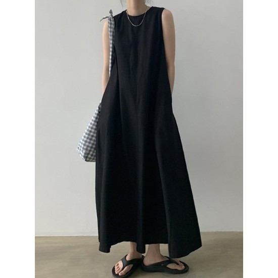 Loose Sleeveless Solid Color Round-Neck Midi Dresses Loose Sleeveless Solid Color Round-Neck Midi Dresses