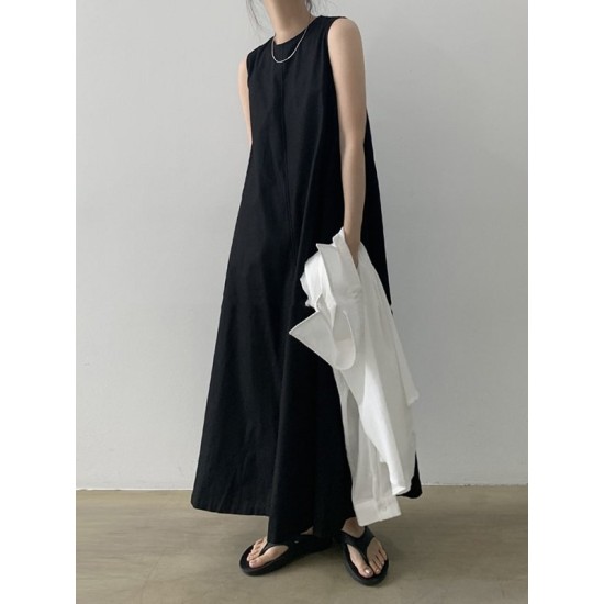Loose Sleeveless Solid Color Round-Neck Midi Dresses Loose Sleeveless Solid Color Round-Neck Midi Dresses