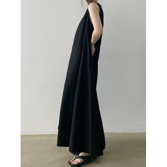 Loose Sleeveless Solid Color Round-Neck Midi Dresses Loose Sleeveless Solid Color Round-Neck Midi Dresses