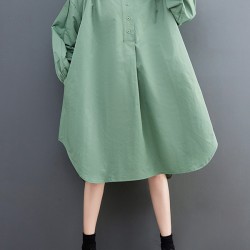Loose Puff Sleeves Solid Color Stand Collar Midi Dresses