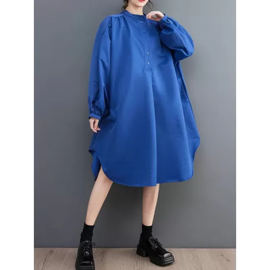 Loose Puff Sleeves Solid Color Stand Collar Midi Dresses Loose Puff Sleeves Solid Color Stand Collar Midi Dresses