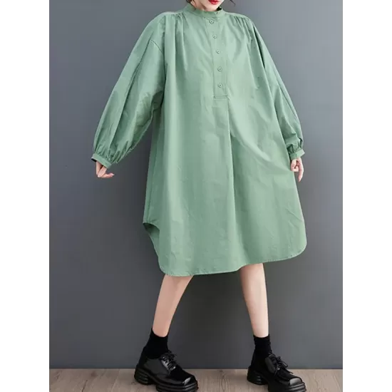 Loose Puff Sleeves Solid Color Stand Collar Midi Dresses Loose Puff Sleeves Solid Color Stand Collar Midi Dresses