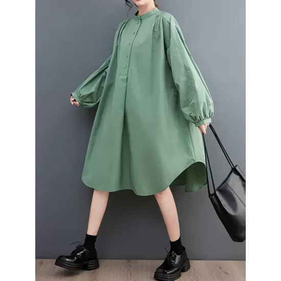 Loose Puff Sleeves Solid Color Stand Collar Midi Dresses Loose Puff Sleeves Solid Color Stand Collar Midi Dresses
