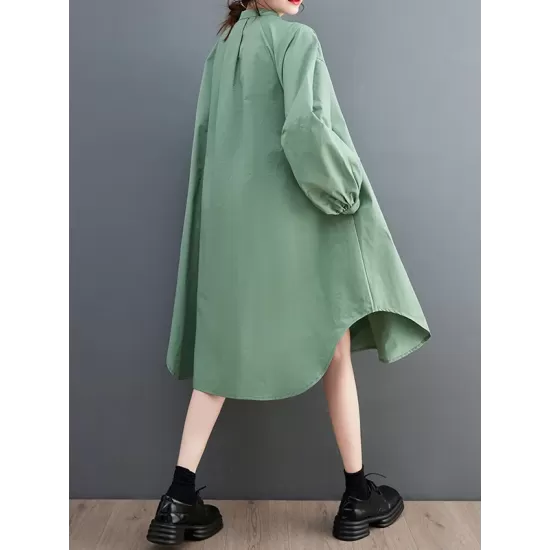 Loose Puff Sleeves Solid Color Stand Collar Midi Dresses Loose Puff Sleeves Solid Color Stand Collar Midi Dresses