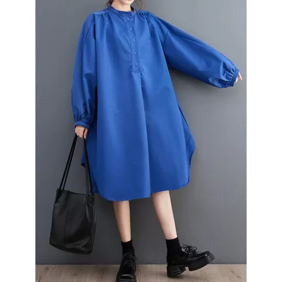 Loose Puff Sleeves Solid Color Stand Collar Midi Dresses Loose Puff Sleeves Solid Color Stand Collar Midi Dresses