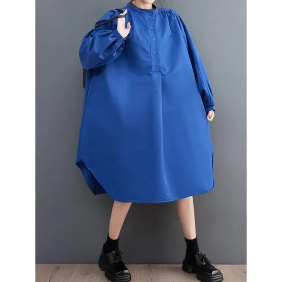 Loose Puff Sleeves Solid Color Stand Collar Midi Dresses Loose Puff Sleeves Solid Color Stand Collar Midi Dresses