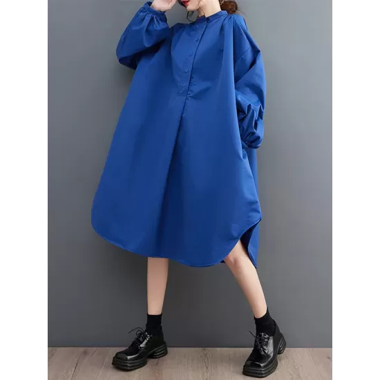 Loose Puff Sleeves Solid Color Stand Collar Midi Dresses Loose Puff Sleeves Solid Color Stand Collar Midi Dresses