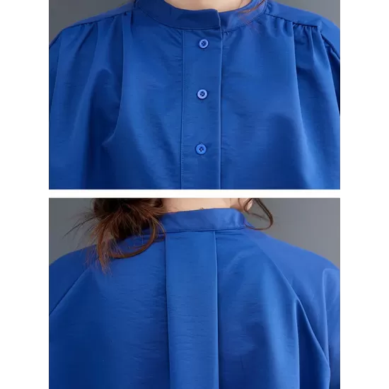 Loose Puff Sleeves Solid Color Stand Collar Midi Dresses Loose Puff Sleeves Solid Color Stand Collar Midi Dresses