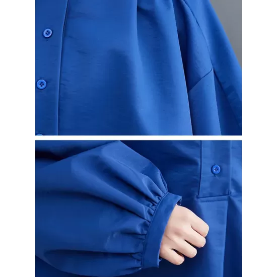 Loose Puff Sleeves Solid Color Stand Collar Midi Dresses Loose Puff Sleeves Solid Color Stand Collar Midi Dresses