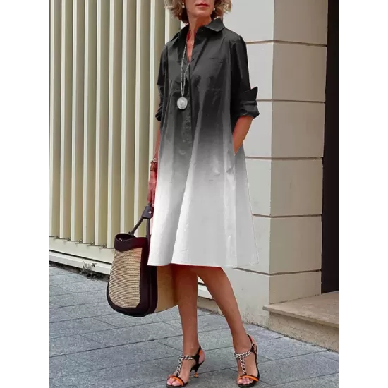 Long Sleeves Gradient Lapel Midi Dresses Long Sleeves Gradient Lapel Midi Dresses