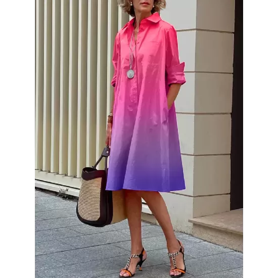 Long Sleeves Gradient Lapel Midi Dresses Long Sleeves Gradient Lapel Midi Dresses
