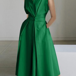 Sleeveless Solid Color Lapel Midi Dresses