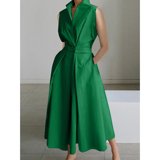 Sleeveless Solid Color Lapel Midi Dresses Sleeveless Solid Color Lapel Midi Dresses